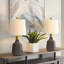 Ensemble de 2 lampes de table 19,75 "en céramique et fer gris moderne avec table de chevet d'appoint rotative et abat-jour en lin blanc pour bureau de salon