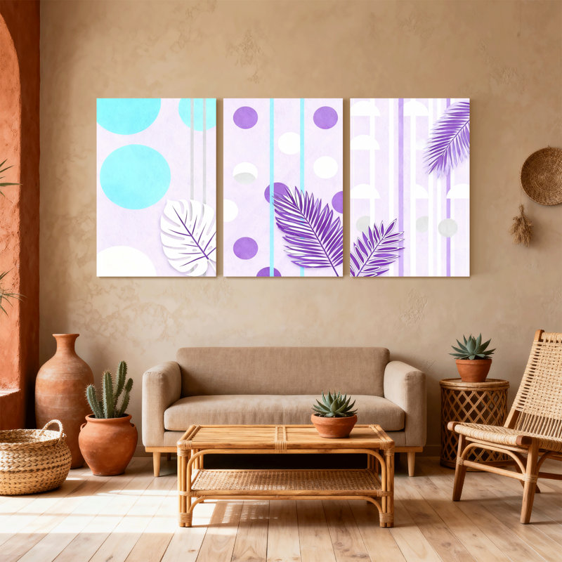 Ensemble de 3 impressions sur toile contemporaines boho mauve à motif de cercles bleus et de pois blancs, H 30 po x l 60 po