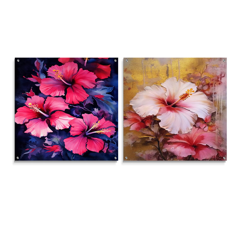 «Tropical Floral Hibiscus Beauty III - Hibiscus», ensemble de 2 peintures murales en acrylique, H 16 po x l 33 po