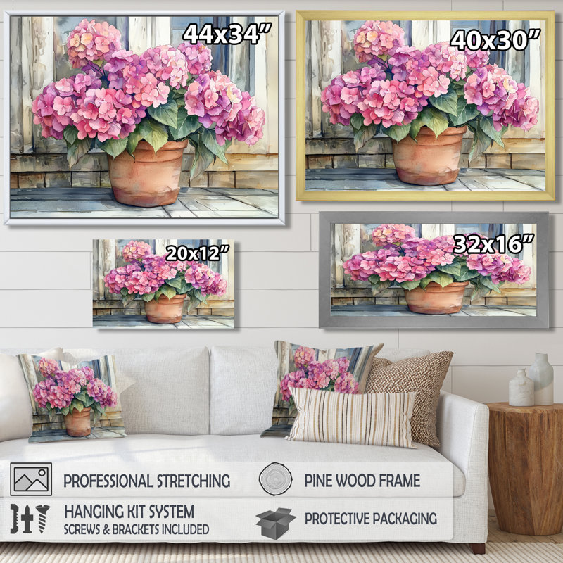 Hortensias sur le porche de la ferme I - hydrangées, art mural, Cadre flottant imprimé sans passe-partout, 12" H x 20 W