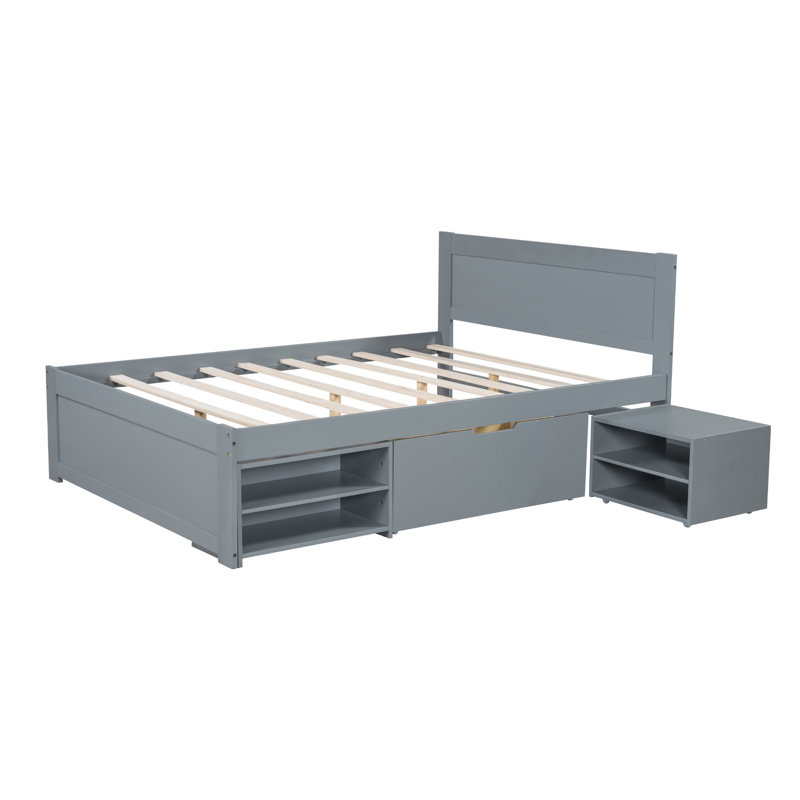 Lit plateforme avec tiroir et deux tablettes, Double, Gris