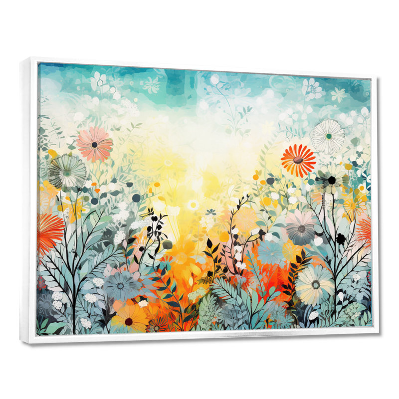 Art mural rétro avec fleurs printanières vibrantes - fleurs sauvages, Toile encadrée flottée blanche