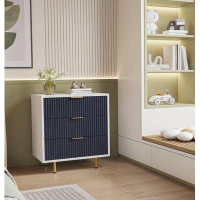 Commode 3 tiroirs pour la chambre à coucher, table de chevet cannelée moderne avec tiroirs profonds, commode à large plateau, organisateur de commode en bois, table d'appoint pour le salon, couloir, chambre d'enfant blanc et bleu marine