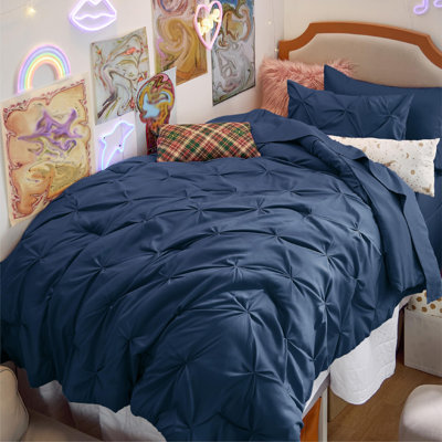 Bedsure Queen Burgundy Pintuck Bed-in-a-Bag - Navy Pinch Pleat Comforter Set with Sheets, Pillowcases & Shams (Set of 7)
