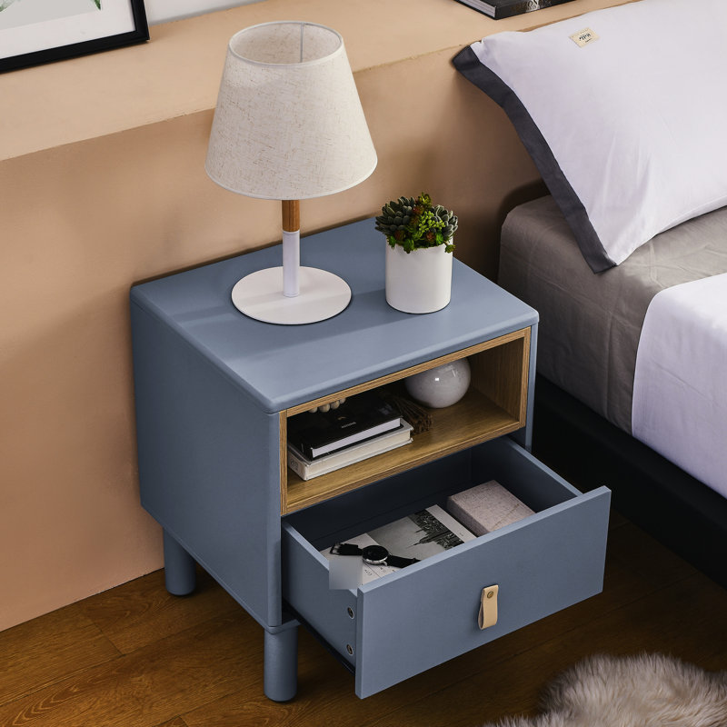 Table de chevet bleue de style moderne avec tiroir et espace de présentation - dans une tablette ouverte pour l'organisation