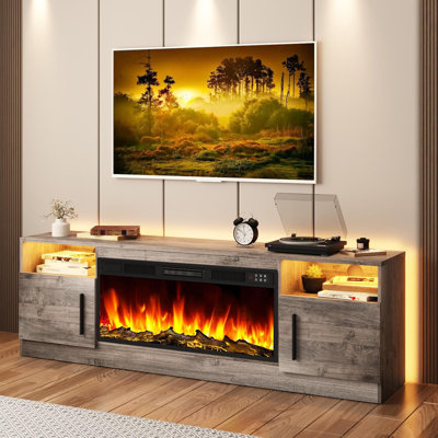 Meuble télé avec foyer pour foyer avec foyer de 36 po, meuble télé en bois de 70 po pour téléviseur de 75 po et moins, console média avec armoire de rangement ultrabrillante et 16 lumières DEL de couleur