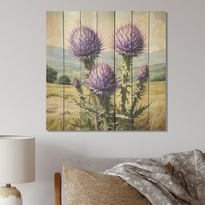 Champ de fleurs de chardon mauve - chardon sur bois