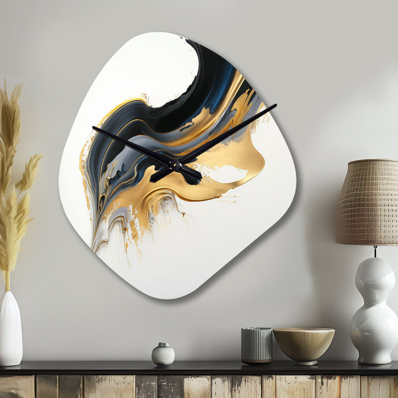 Sbordone, art liquide noir, blanc et or I - horloge asymétrique moderne en métal, horloge murale noire, Petit