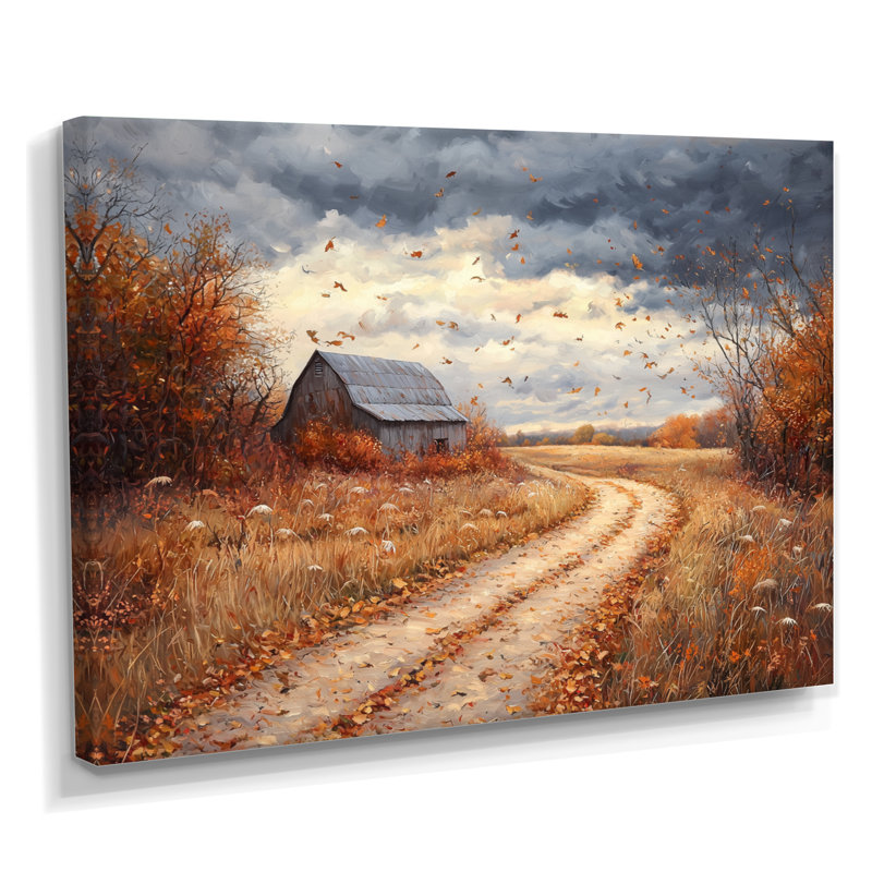 Dreshertown Windy Prairie Leaves Path To The Barn I - feuilles, art mural, H 12 po x l 20 po, Toile tendue, Ne s’applique pas