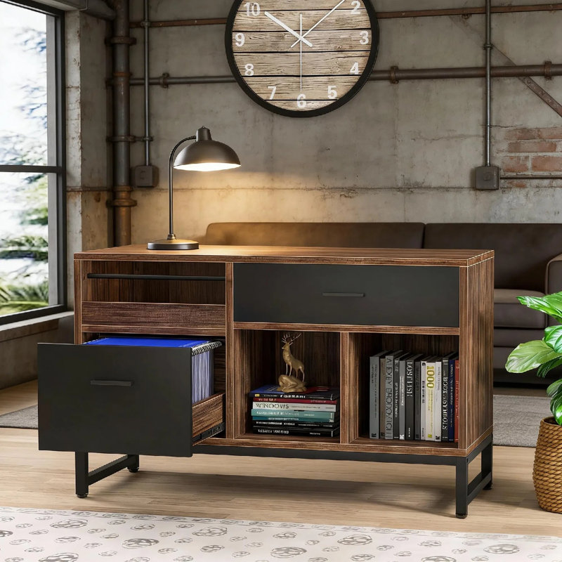 Classeur latéral rustique, meuble de rangement pour bureau à domicile avec 2 tiroirs et compartiments ouverts, support d'imprimante à structure métallique pour bureau ou salon