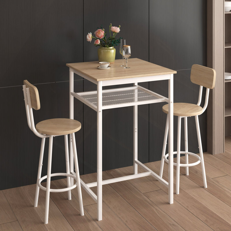 Bar Table, Equipped With 2 Bar Stools, With Backrest And Partition, White Oak/White