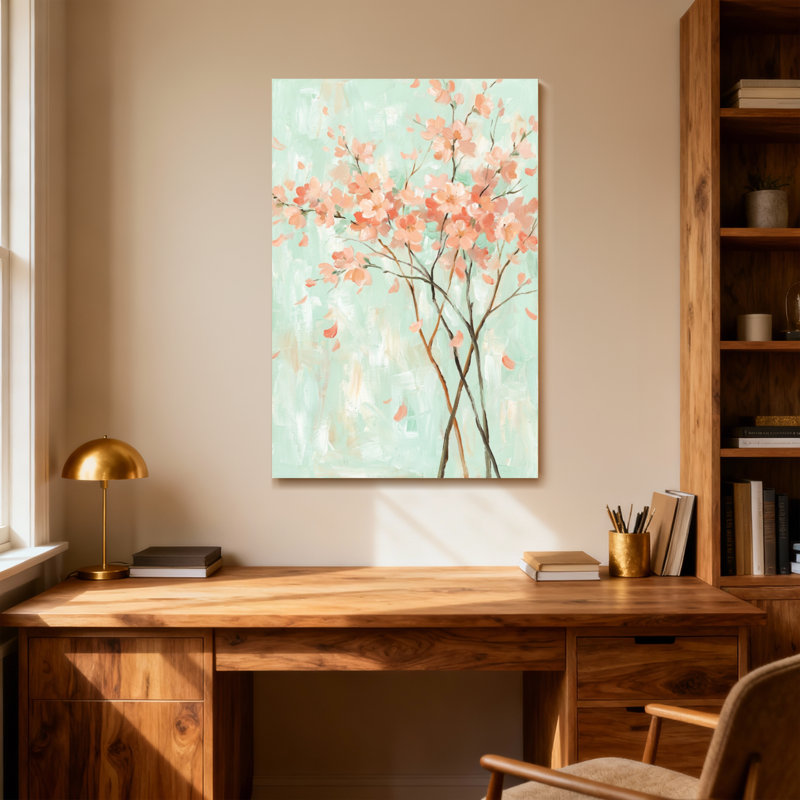 Plantes et fleurs de cerisiers en fleurs sur fond menthe, H 18 po x l 12 po