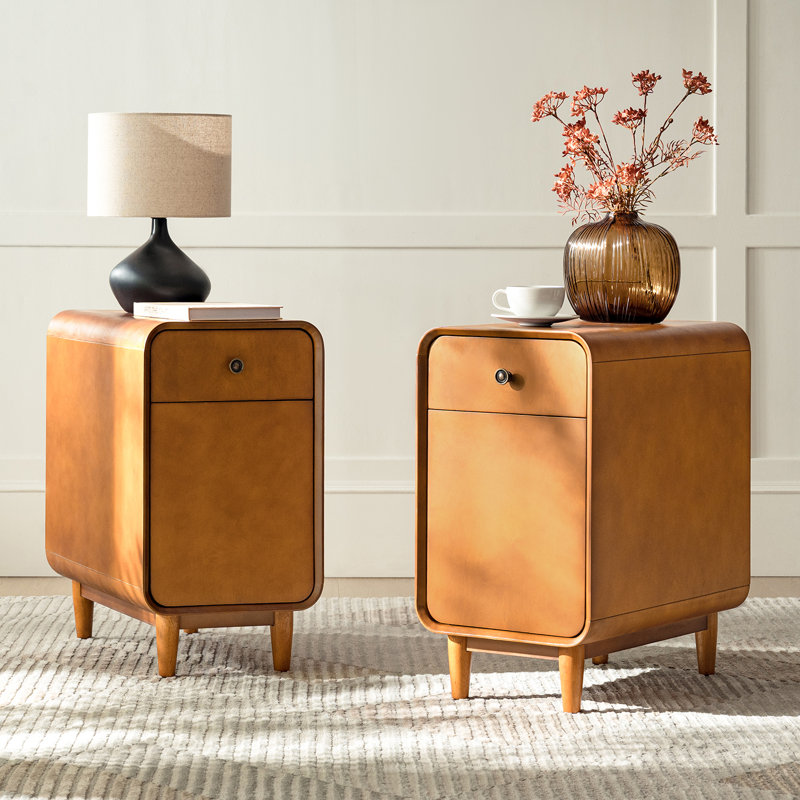 Elmaz MCM Solid Wood 1-Drawer And Legs End Table With Backside Magazine Rack Set of 2, Acorn