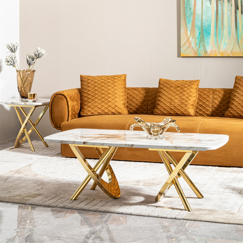 Table basse en acier inoxydable à motif marbré L 50,78 po x l 27,16 po x H 18,11 po pour le salon et le bureau