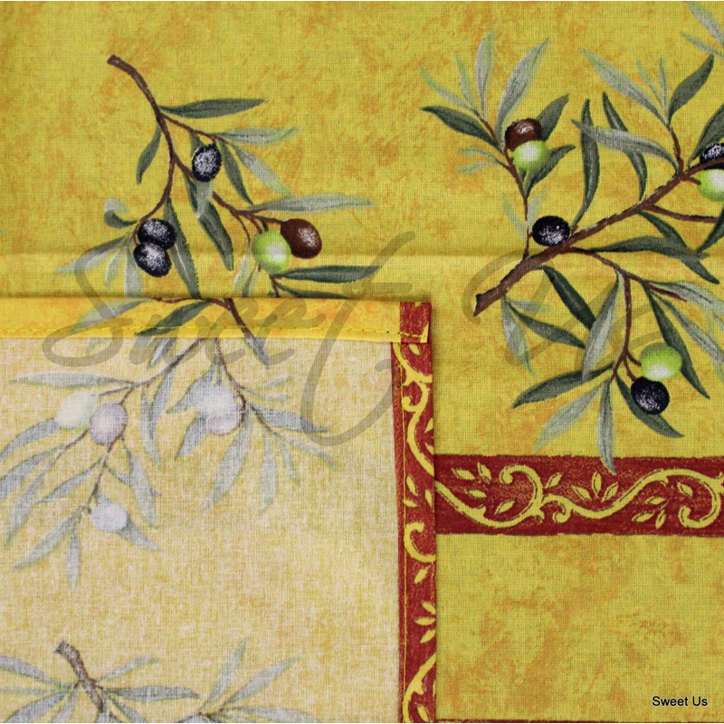 Wipeable Stain Resistant Acrylic Coated French Provencal Cotton Olive Floral Tablecloth, 136" x 60", Yellow