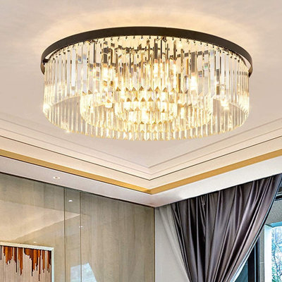 Elegant 24-inch 9-light Crystal Flush Mount Ceiling Light With Black Metal Finish