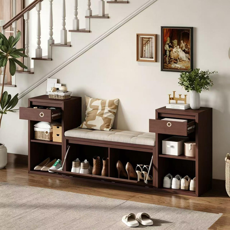 Banc de vestibule 3-en-1 avec 2 compartiments cachés rabattables, 2 tiroirs et tablettes ouvertes réglables, banc à chaussures en bois Farmhouse