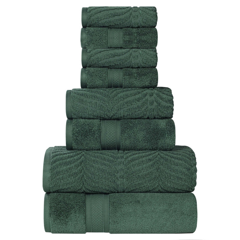 Alcesta Chevron Zero Twist Solid and Jacquard Cotton 8 Piece Bathroom Towel Set, Forest Green