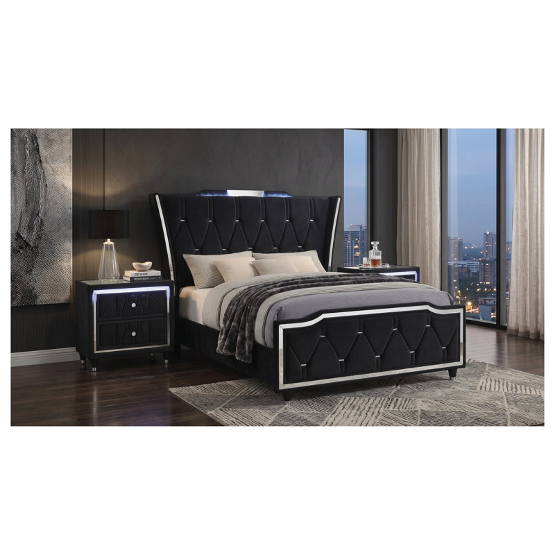 Ensemble de chambre à coucher Provence Black Queen 3 pièces avec lit en velours capitonné et tables de chevet