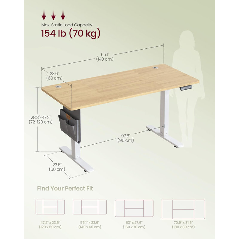 Adjustable Height Steel Standing Desk, 120cm H x 140cm W x 60cm D, Golden Oak/White