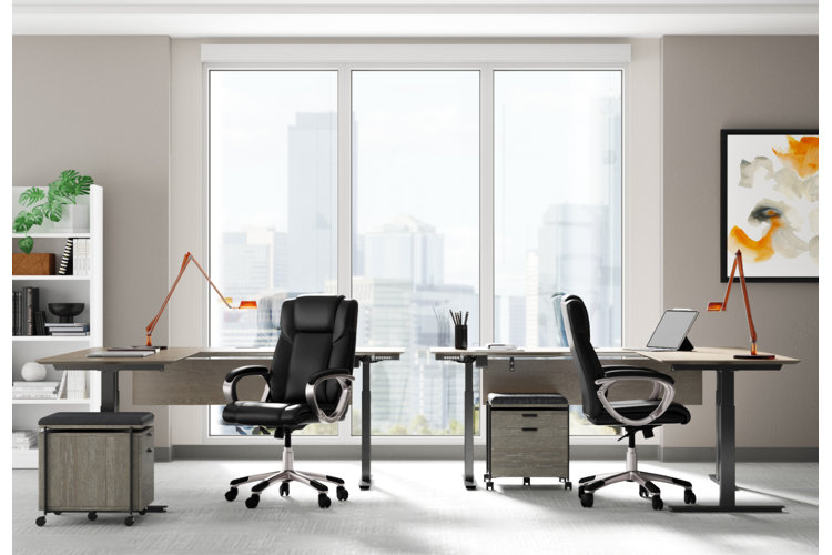 Open layout office with two L-shaped desks in front of a window. Each desk has a black leather executive chair.