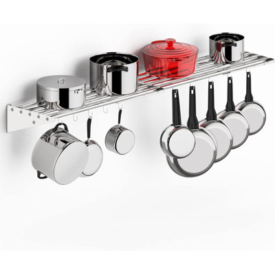 Kitchen Pot Pan Rack Stainless Steel Metal Wall Shelf With 10 S Hooks For Hanging Pots And Pans, Chrome