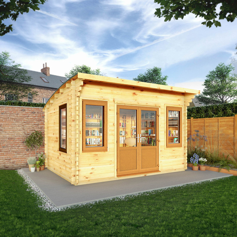 13ft x 10ft Curved Roof Log Cabin UPVC Windows & Doors (44mm), Oak/Natural Timber
