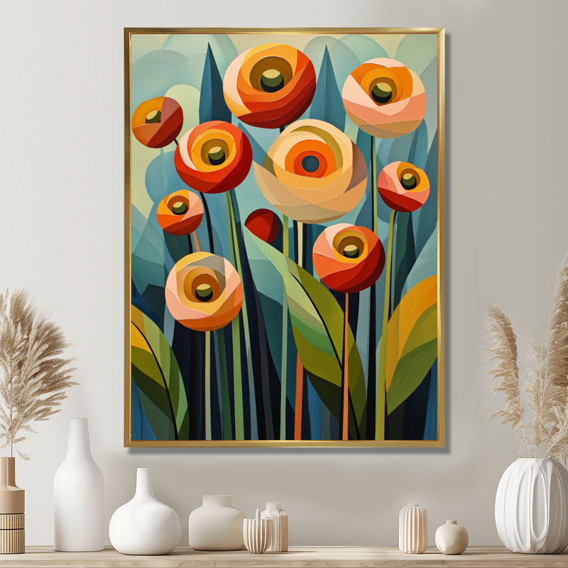 Désert en fleurs de fleurs de renoncule géométriques III - Renoncule, art mural, H 44 po x l 34 po, Doré