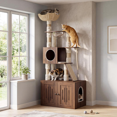 Arbre à chat de 170 cm avec bac à litière et mangeoire intégrés, grand hamac et coussins lavables, couleur noyer.