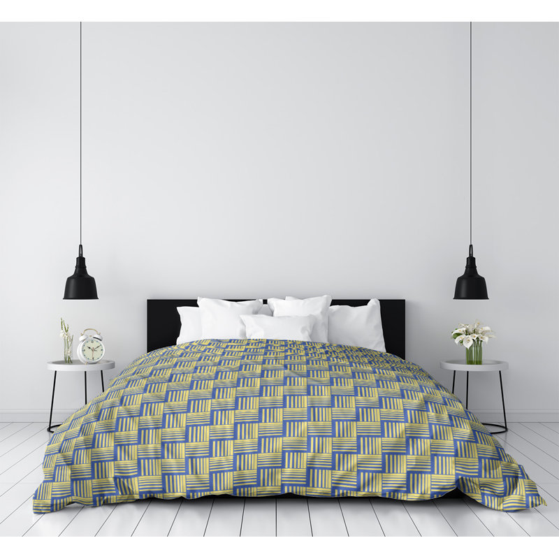Housse de couette simple à rayures baskettressées, Housse de couette pour grand lit, Bleu/jaune, Microfibre