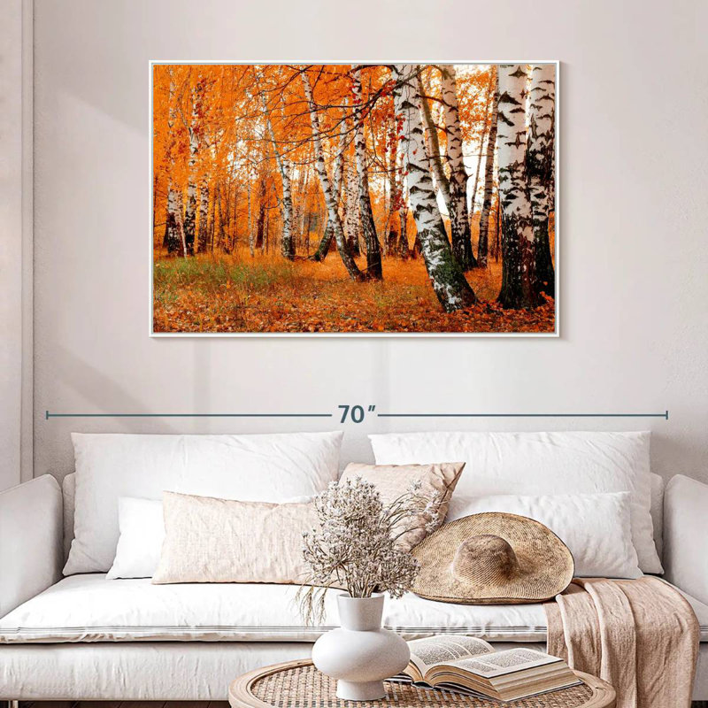 Forêt de bouleaux orange, Cadre flottant blanc, 46 po x 31 po