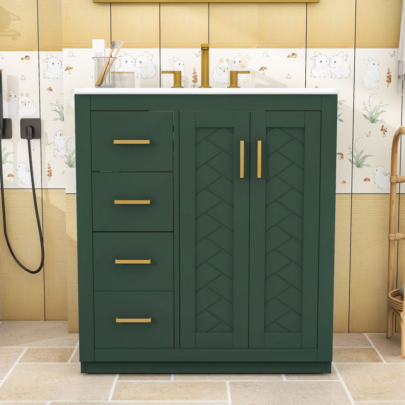 Armoire de salle de bain Farmhouse avec lavabo en céramique, 3 tiroirs et portes à fermeture douce, Vert