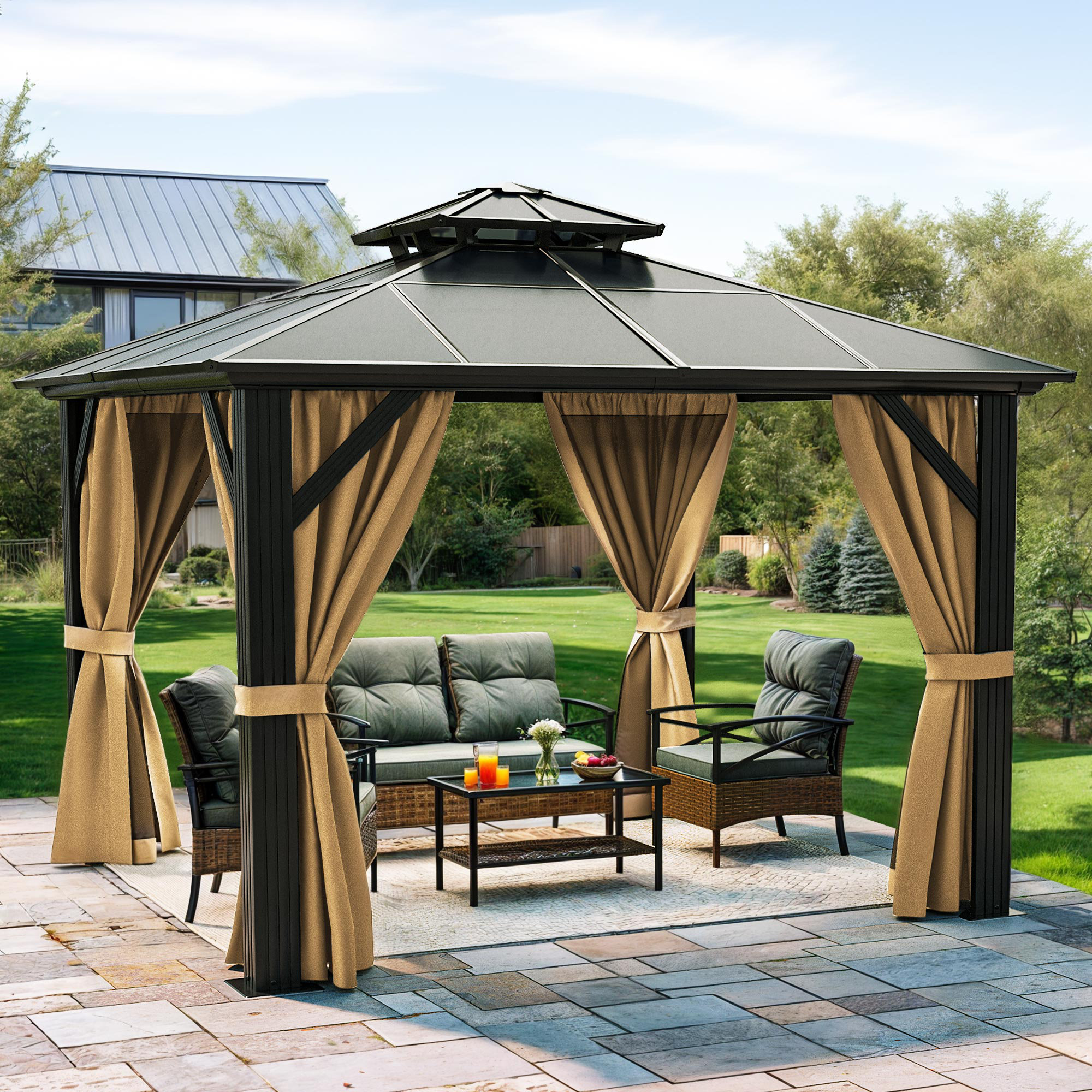 Edrosie Inc Brown 12ft x 12ft Double Roof Hardtop Gazebo with Netting & Curtains | Wayfair