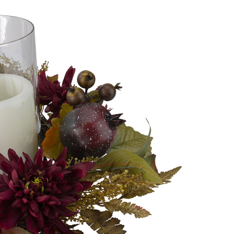 22" Mums with Pomegranate Fall Candle Holder Centerpiece