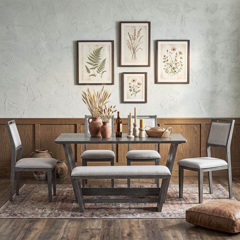 Ensemble de table de salle à manger 6 pièces avec 4 chaises rembourrées et banc, Gris