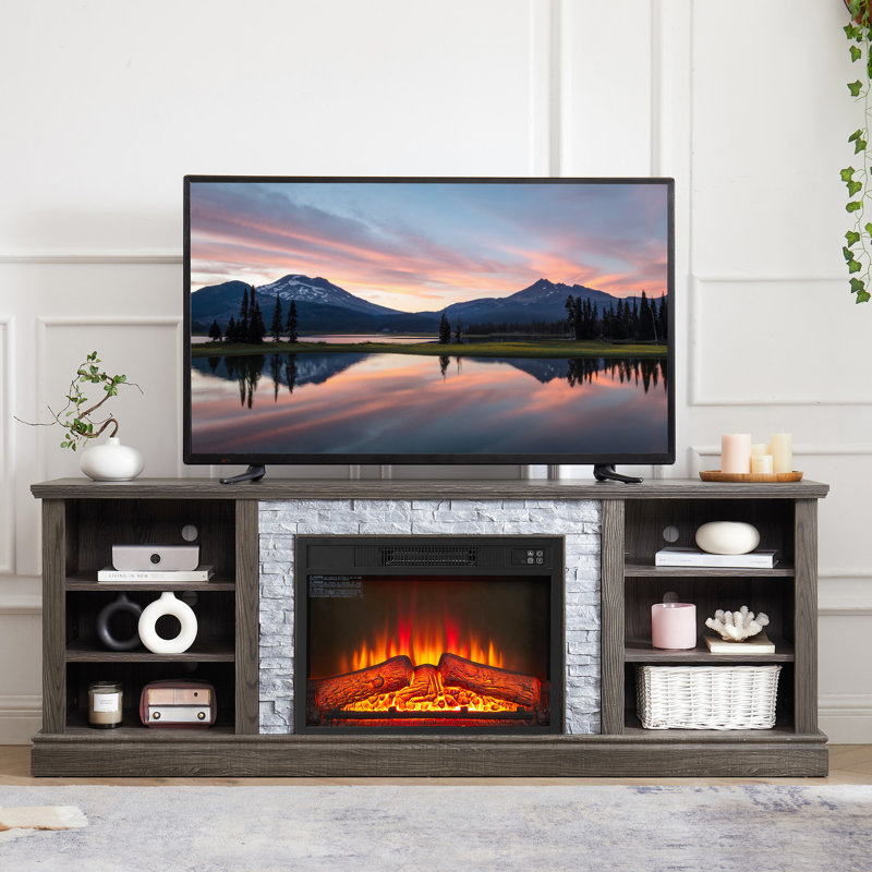 Meuble télé moderne avec foyer encastré de 23 po et pierre artificielle grise, pouvant accueillir des téléviseurs de 75 po, tablette de rangement spacieuse avec foyer en pierre, s'adapte à une capacité généreuse