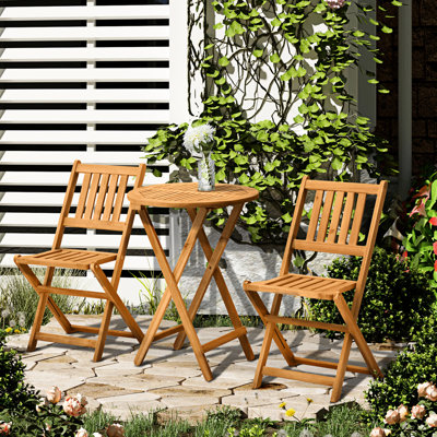 Wood Patio Bistro - 3 Pieces. Folding Chairs & Table For Outdoor. Backyard, Garden, Deck Use. Finish, Slatted, 175 Lbs Capacity 3 Furniture With 2 Round Table. Fine Detailing, Deck, Balcony, Backyard