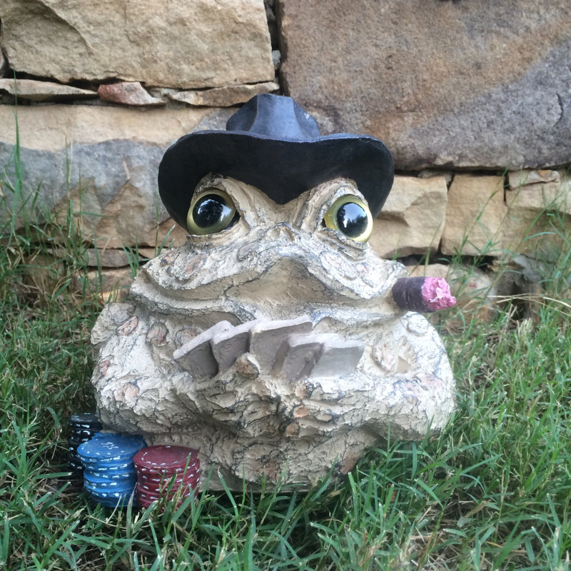Statue de jardin crapaud personnage de joueur de poker, Brun, H 5 po x l 6 po x P 5 po