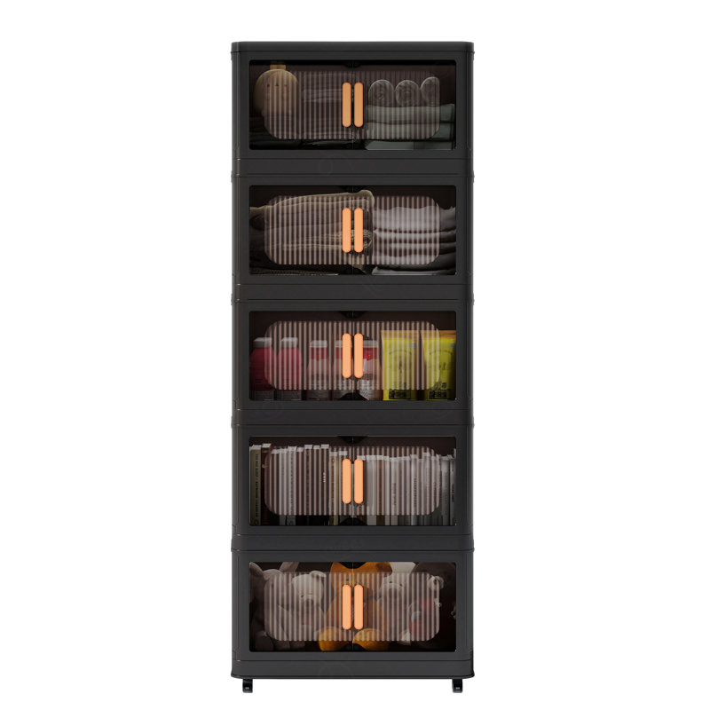 20" Side Wide Folding Storage Cabinet ,5 Tiers,Collapsible Storage Bins With Magnetic Door, Plastic Storage Cabinet With Wheels