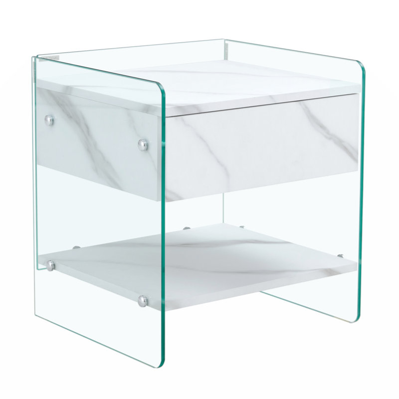 Bedside Table with Drawers Featuring MDF Veneer Top and Transparent Tempered Glass Sides