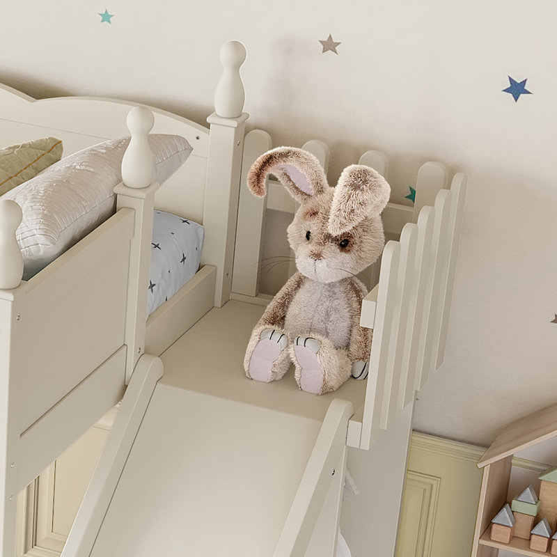 Wooden Loft Bed with Shelves, Wardrobe & Detachable Slide, Beige, Twin