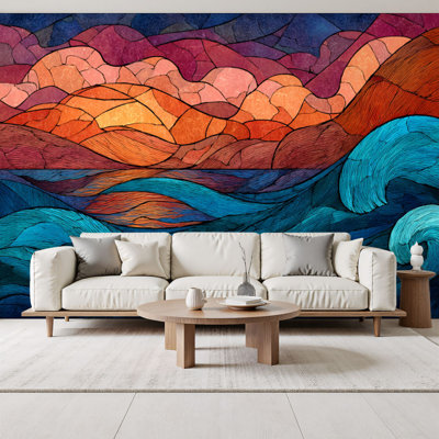 Peel and Stick Wallpaper Sunset Mosaic Art Shimmering Ocean Reflections Wall Murals 69"H x 96"W Removable PVC Wall Paper Self-Adhesive Wall Decor for Bedroom Living Room Home Office