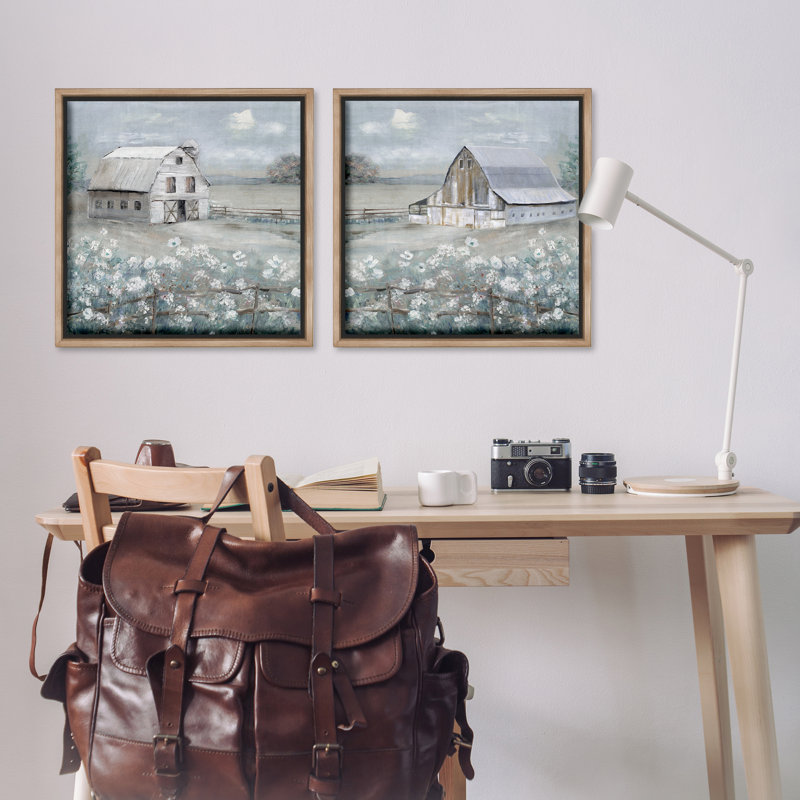 Ensemble de 2 toiles flottantes encadrées Country Meadows with Barns par Sally Swatland, H 25 po x l 25 po