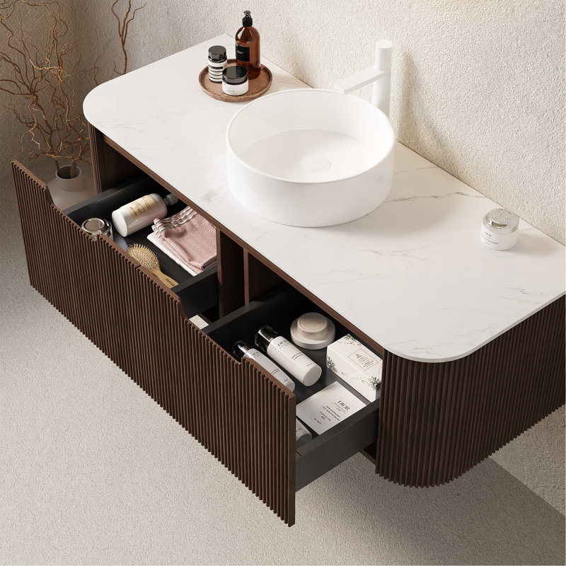 Meuble-lavabo 48 po avec lavabo, meuble-lavabo mural à bords arrondis et courbes avec 2 tiroirs, lavabo rond en céramique blanc, sans robinet