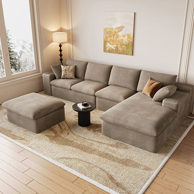Canapé modulaire en forme de U de 136 po avec méridienne en forme de U, canapé sans dossier en velours côtelé avec repose-pieds, canapé en mousse à mémoire de forme dans une boîte avec siège profond pour le salon, aucun assemblage requis (vert, méridienne)