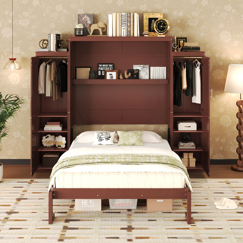 Grand lit escamotable, grand lit escamotable en bois avec 2 garde-robe et tablette de rangement, cadre de lit plateforme pliable