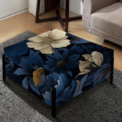Nightfall - Motif floral bleu foncé et blanc - Grand repose-pieds carré floral