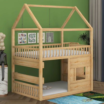 Full Size House Bed With Built-In LED Shelf Light & Open Shelf, Wood Playhouse Bunk Bed With Roof And Window, Safety Guardrails