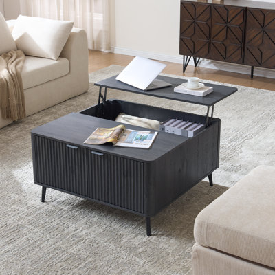 Veronica Brottman Lift Top Coffee Table with Hidden Storage, 35.4" Square Fluted Center Table, Mid-Century Modern Design, Grey