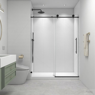 60" W x 73" H Soft Closing Sliding Frameless Black Shower Doors,8mm Easy-Clean Explosion-Proof Tempered Glass, Matt Black